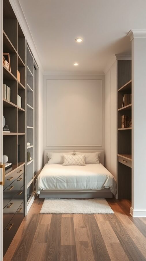 21 Smart Home Office Ideas That Also Make Cozy Guest Rooms 13 Cozy home office with a built-in closet and a bed, showcasing a modern design.