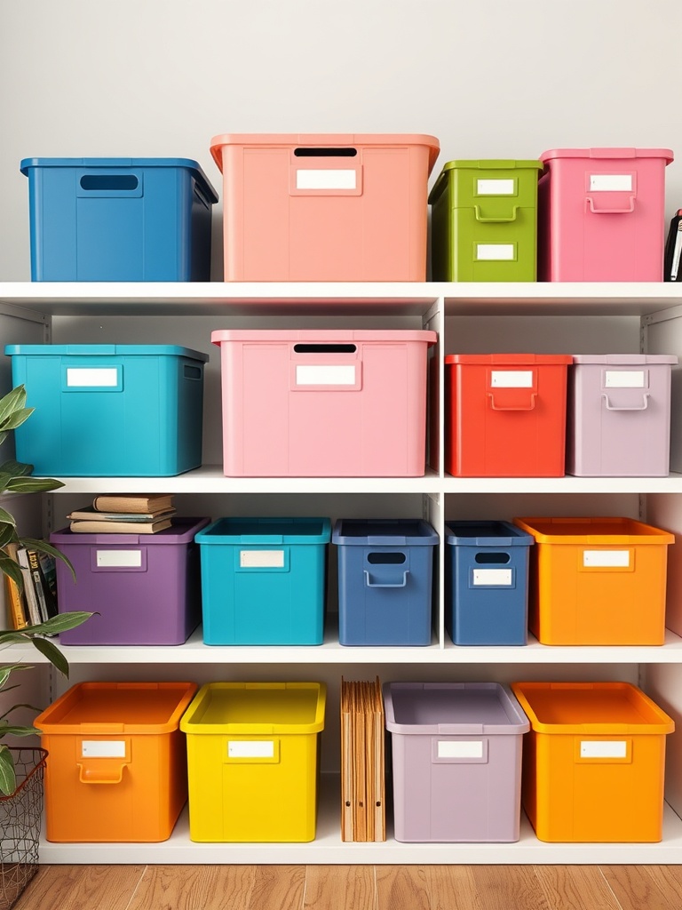 25 Smart Storage Solutions for a Stylish Home Office 25 Color-coded storage bins on a white shelf in a home office