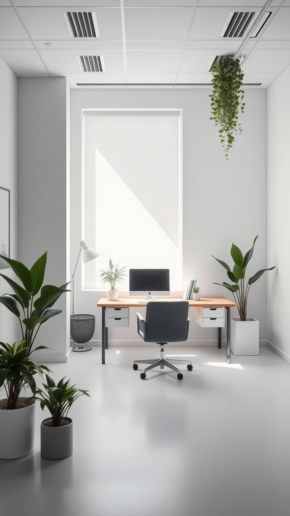20 Minimalist Home Office Ideas for a Clutter-Free Workspace 8 A minimalist home office with a wooden desk, computer, and several green plants.