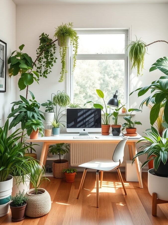 16 Inspiring Home Office Ideas for Enhanced Focus and Productivity 11 A bright home office filled with various plants, including hanging ferns and potted succulents, alongside a desk with a computer and lamp.