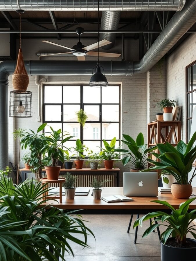 19 Inspiring Home Office Ideas with Industrial Flair 21 A stylish industrial home office filled with various plants, featuring large windows and a wooden desk.