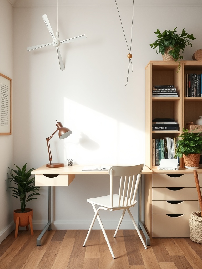 21 Creative DIY Ideas to Transform Your Home Office 16 A bright home office with a desk, chair, and bookshelf featuring plants and books.