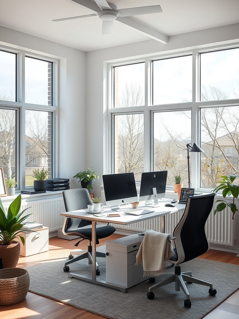 20 Creative and Affordable Home Office Ideas for Any Budget 19 A bright home office with large windows, two desks, and indoor plants.