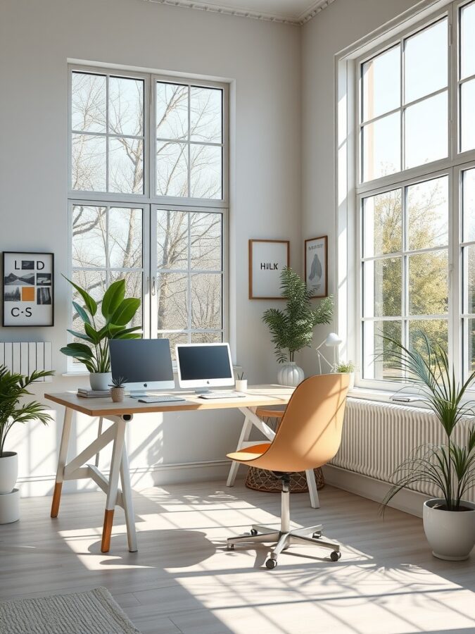 19 Stunning Home Office Ideas to Make a Bold Statement 19 A bright home office with large windows, a wooden desk, two monitors, and plants.