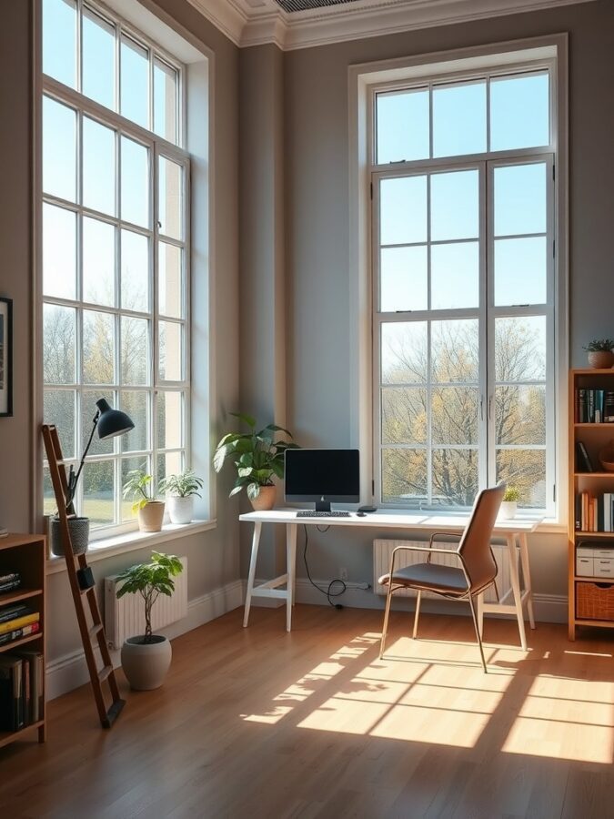 16 Inspiring Home Office Ideas for Enhanced Focus and Productivity 4 Bright home office with large windows, plants, and a desk.