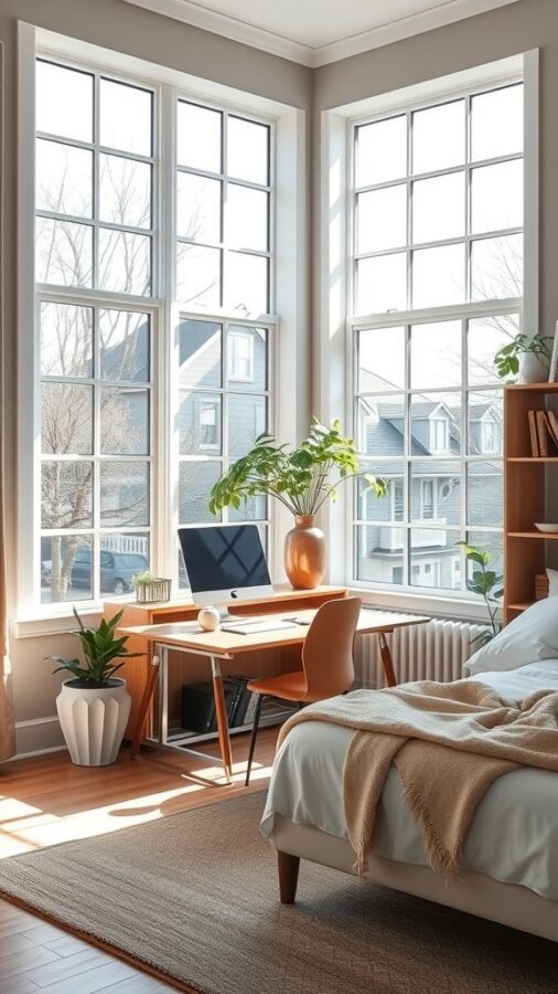21 Smart Home Office Ideas That Also Make Cozy Guest Rooms 17 A bright home office with large windows, a desk, and a bed, showcasing natural light and plants.