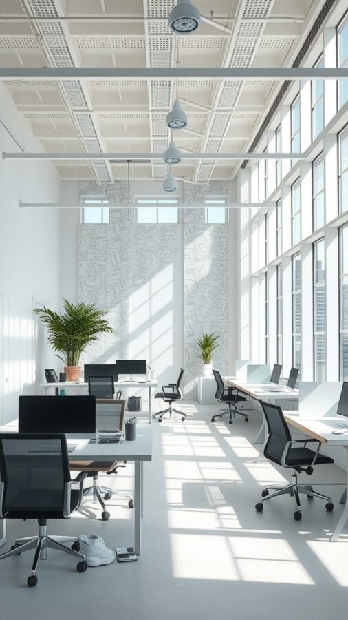 23 Creative Home Office Ideas for Shared Workspaces 15 Bright office space with large windows, plants, and modern desks