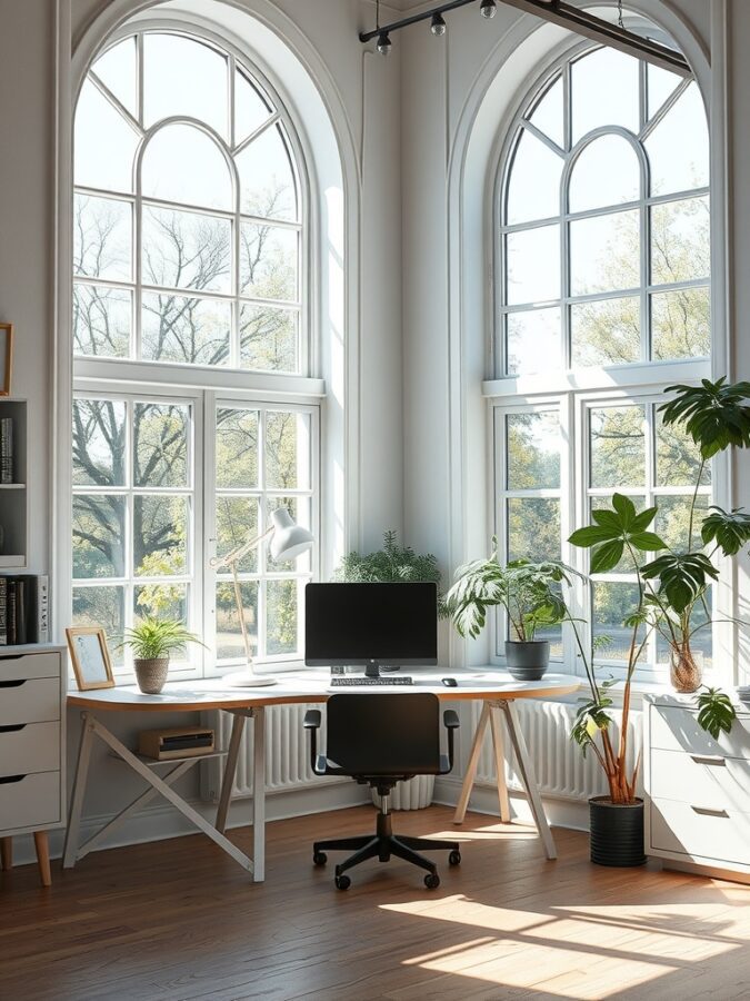 21 Inspiring Home Office Ideas for Creative Minds 7 A bright home office with large arched windows, a desk with a computer, and indoor plants.