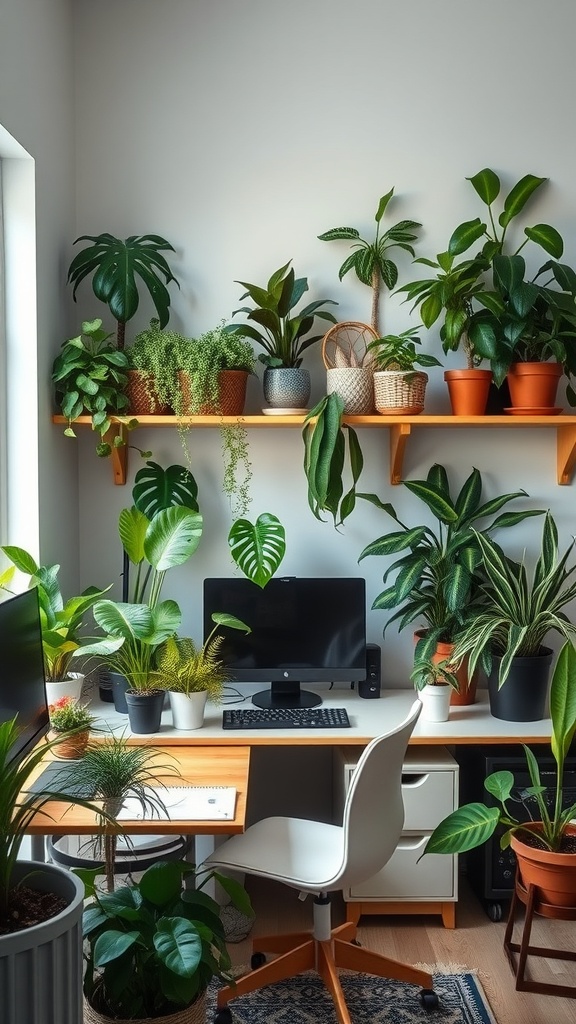 21 Creative Home Office Ideas to Boost Your Productivity 10 A bright home office filled with various indoor plants, showcasing a desk with a computer and a comfortable chair.