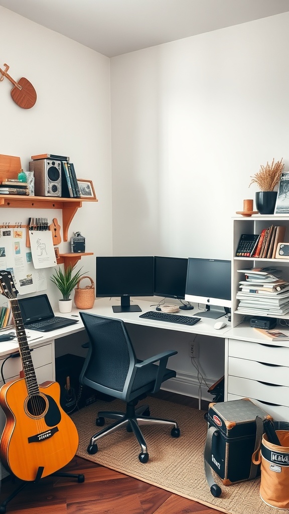 21 Creative Home Office Ideas to Boost Your Productivity 19 A cozy home office with a guitar, dual monitors, and organized shelves.