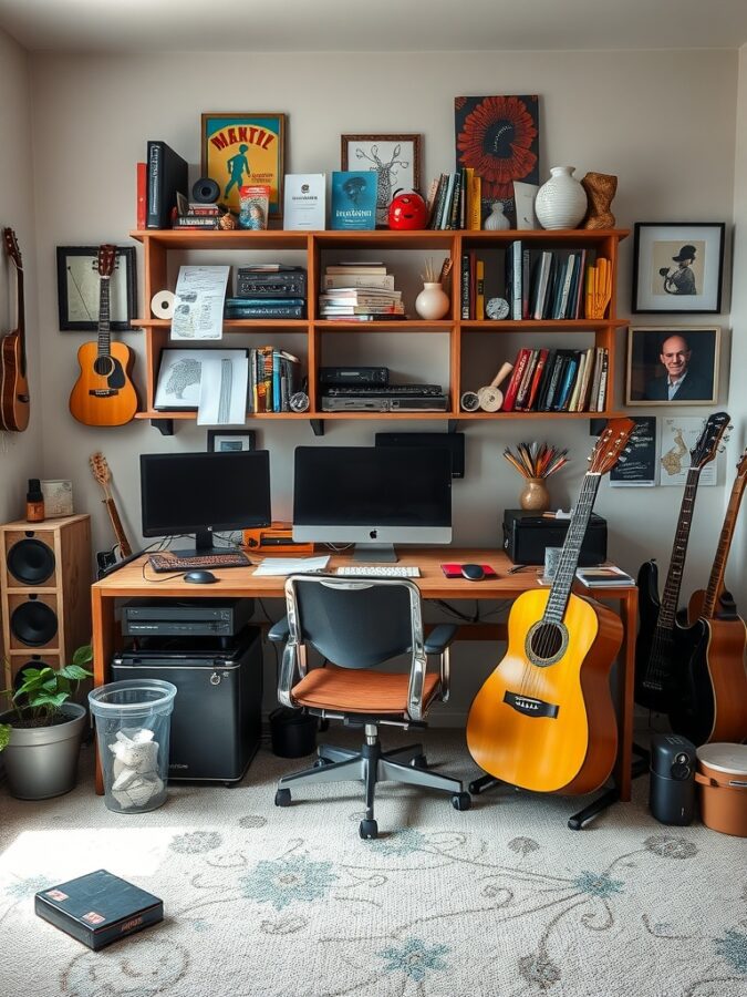 16 Inspiring Home Office Ideas for Enhanced Focus and Productivity 17 A home office featuring guitars, books, and personal decorations, creating an inspiring workspace.