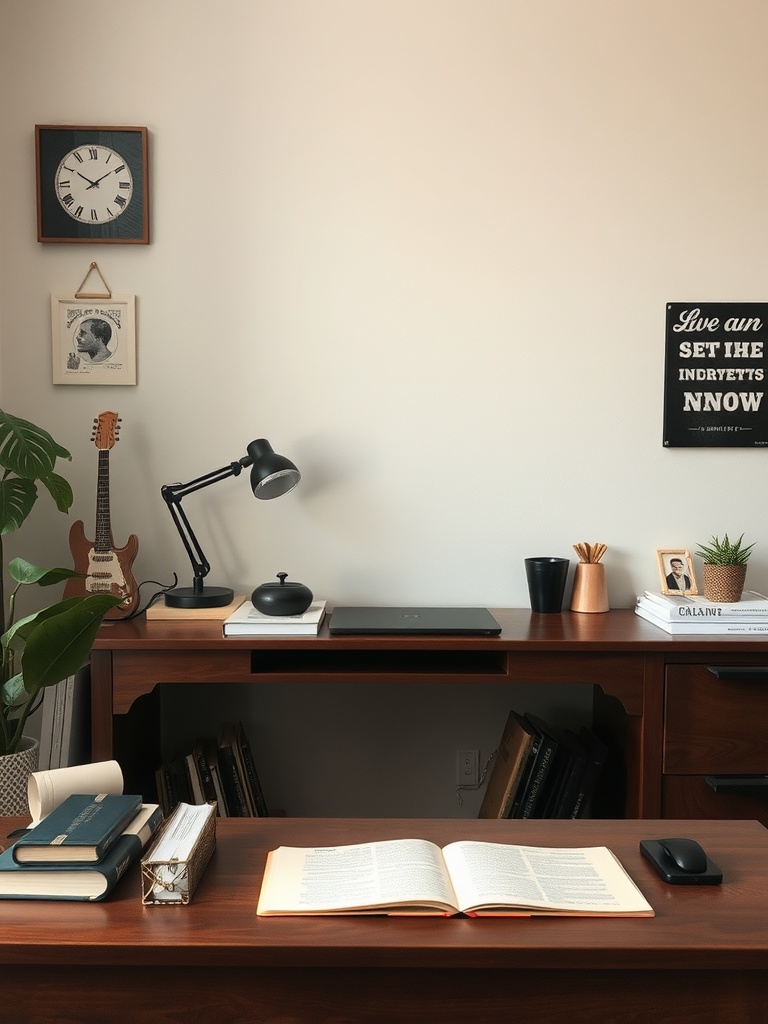 30 Inspiring Home Office Ideas for Remote Work Success 34 A cozy home office setup with a wooden desk, books, a guitar, and personal mementos on the wall.