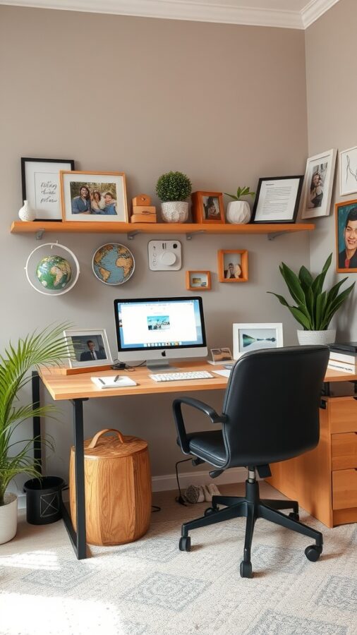 23 Creative Home Office Ideas for Shared Workspaces 24 A cozy home office with a wooden desk, black chair, and personal decorations on the wall.