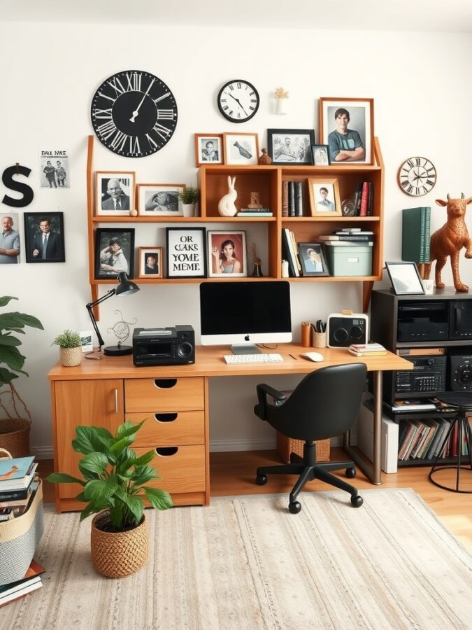 21 Inspiring Home Office Ideas for Creative Minds 13 A cozy home office with a wooden desk, personal photos, clocks, and plants.