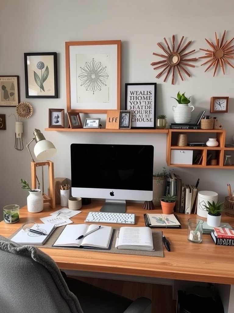 21 Creative DIY Ideas to Transform Your Home Office 15 A cozy home office with a wooden desk, computer, plants, and framed artwork on the wall.