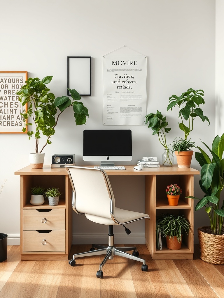 25 Smart Storage Solutions for a Stylish Home Office 20 A home office desk with various plants, a computer, and decorative items.