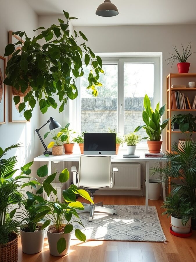 21 Inspiring Home Office Ideas for Creative Minds 6 A bright home office filled with various plants, showcasing a desk with a computer and a lamp.