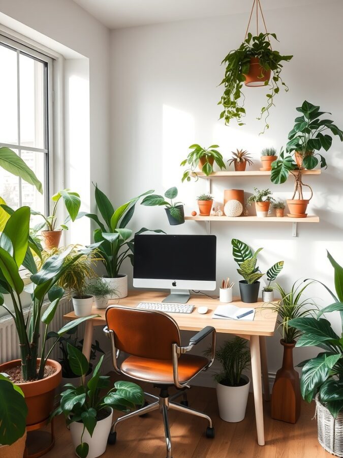 19 Stunning Home Office Ideas to Make a Bold Statement 9 A bright home office with various plants around a desk, showcasing a healthy workspace.