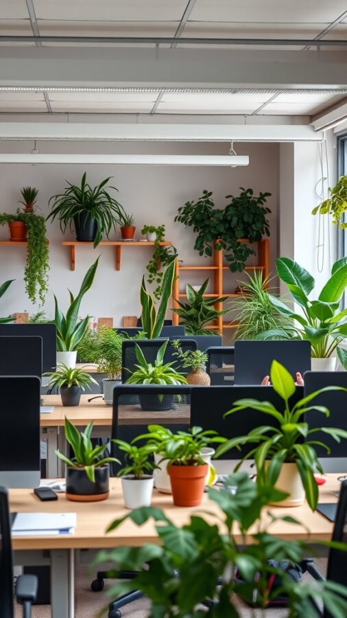 23 Creative Home Office Ideas for Shared Workspaces 6 An office space filled with various plants on desks and shelves, creating a fresh and inviting atmosphere.