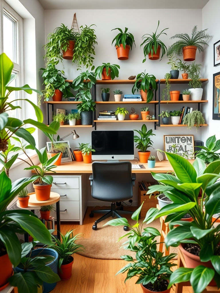 20 Creative and Affordable Home Office Ideas for Any Budget 9 A home office filled with various plants on shelves and around a desk, creating a fresh and lively workspace.