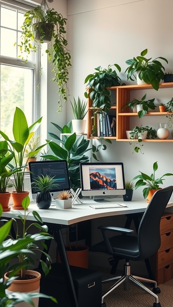 19 Inspiring Home Office Ideas You Need to Try 4 A home office filled with various plants, creating a fresh and vibrant workspace.