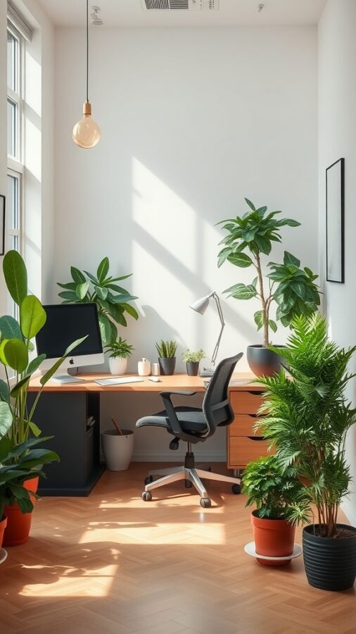 21 Smart Home Office Ideas That Also Make Cozy Guest Rooms 18 A bright home office with various plants, a desk, and a computer.