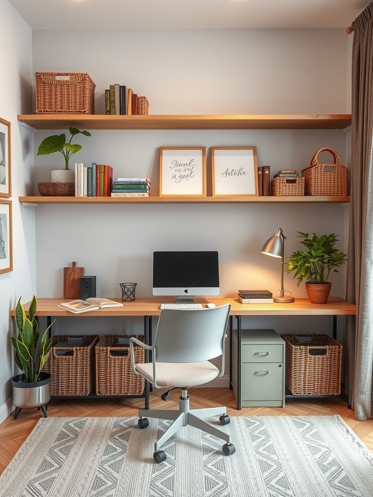21 Creative DIY Ideas to Transform Your Home Office 4 A stylish home office with a desk, computer, shelves, and storage baskets.