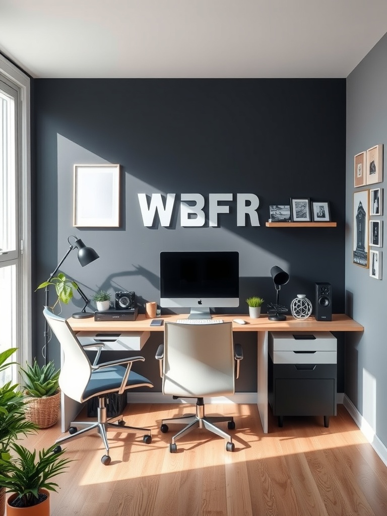 30 Inspiring Home Office Ideas for Remote Work Success 28 A modern home office setup featuring a computer, stylish chairs, and decorative elements.