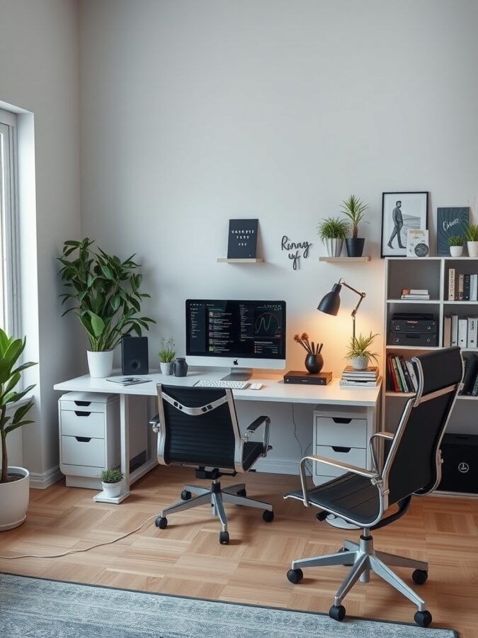 21 Inspiring Home Office Ideas for Creative Minds 16 A modern home office with a sleek desk, ergonomic chairs, a computer monitor displaying data, and plants for a fresh look.