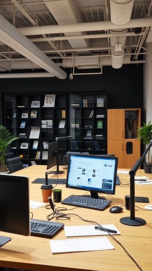 23 Creative Home Office Ideas for Shared Workspaces 22 A modern shared workspace with multiple computers, plants, and a collaborative atmosphere.