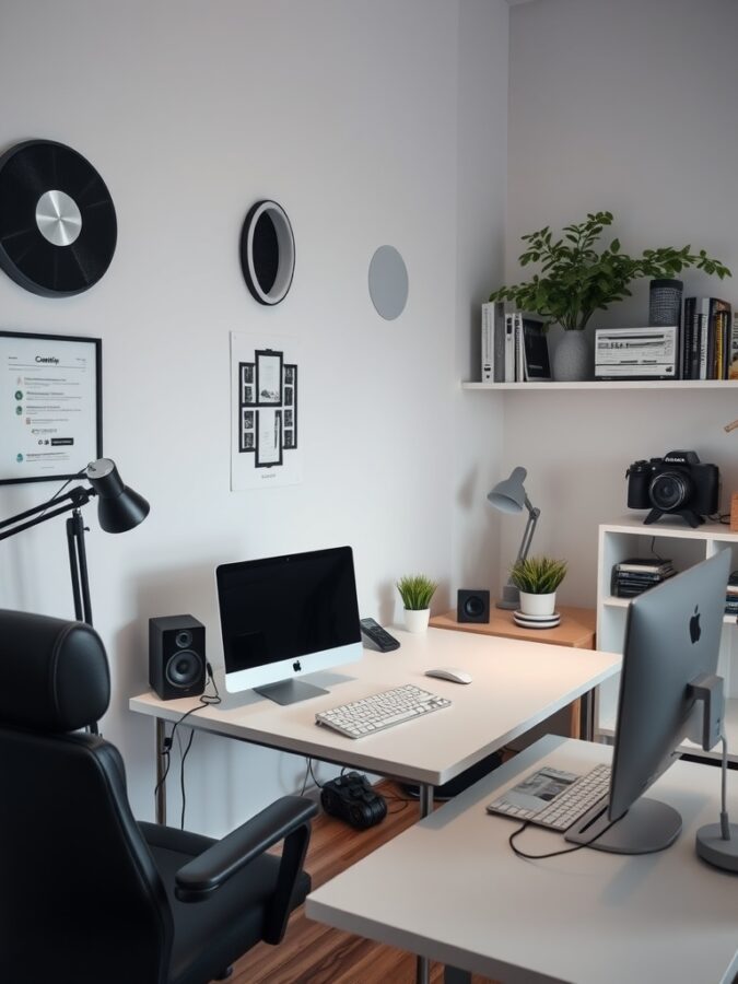 16 Inspiring Home Office Ideas for Enhanced Focus and Productivity 8 A modern home office setup featuring an iMac, a second monitor, speakers, a desk lamp, and plants.
