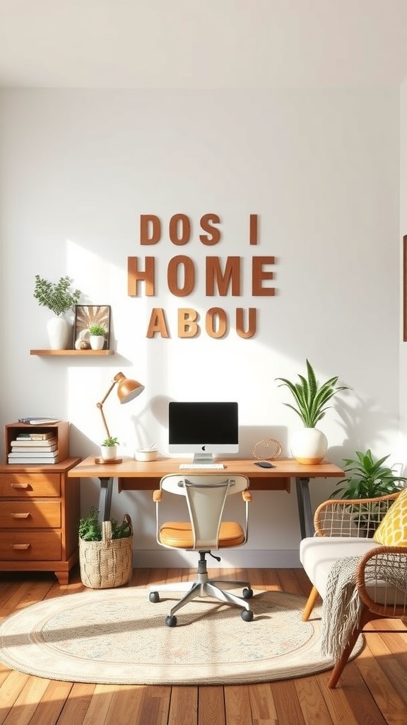 19 Inspiring Home Office Ideas You Need to Try 13 A stylish home office featuring vintage elements like a wooden desk, retro chair, and decorative plants.