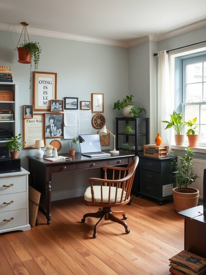 19 Stunning Home Office Ideas to Make a Bold Statement 18 A vintage-inspired home office with wooden furniture, plants, and framed pictures on the walls.