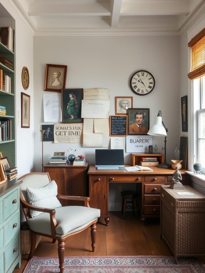 21 Inspiring Home Office Ideas for Creative Minds 22 A cozy home office featuring vintage elements, including a wooden desk, bookshelf with old books, and framed portraits on the wall.