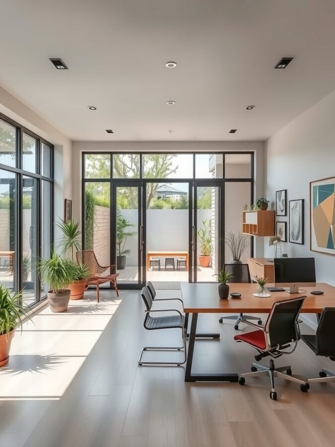 13 Inspiring Home Office Ideas with Stunning Views 13 A modern office with large glass doors leading to an outdoor seating area, featuring plants and a stylish desk setup.