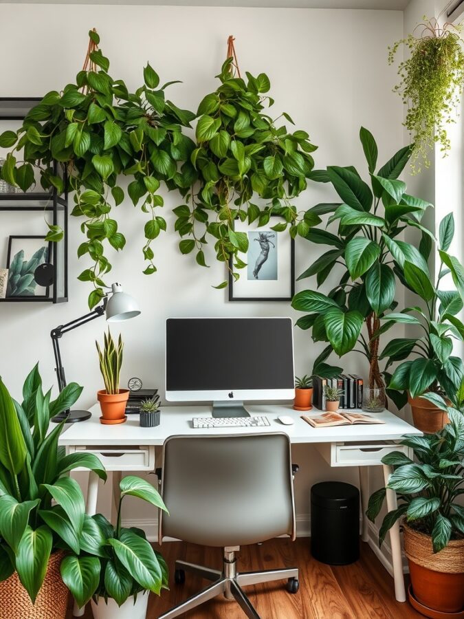 26 Cozy Home Office Ideas for Ultimate Comfort 9 A bright home office featuring various indoor plants, including hanging plants and potted greenery, enhancing the workspace.