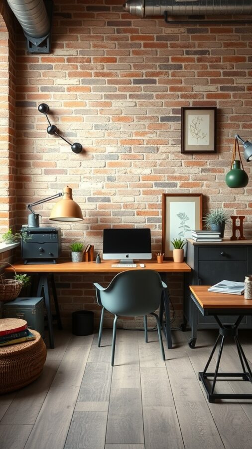 25 Stylish Home Office Ideas to Reflect Your Personality 4 An industrial chic home office featuring a wooden desk, black accents, and an exposed brick wall.