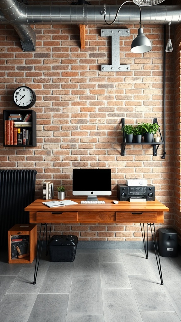 15 Inspiring Home Office Ideas to Match Every Personality 8 An industrial chic workspace featuring a wooden desk, an iMac, and a brick wall.