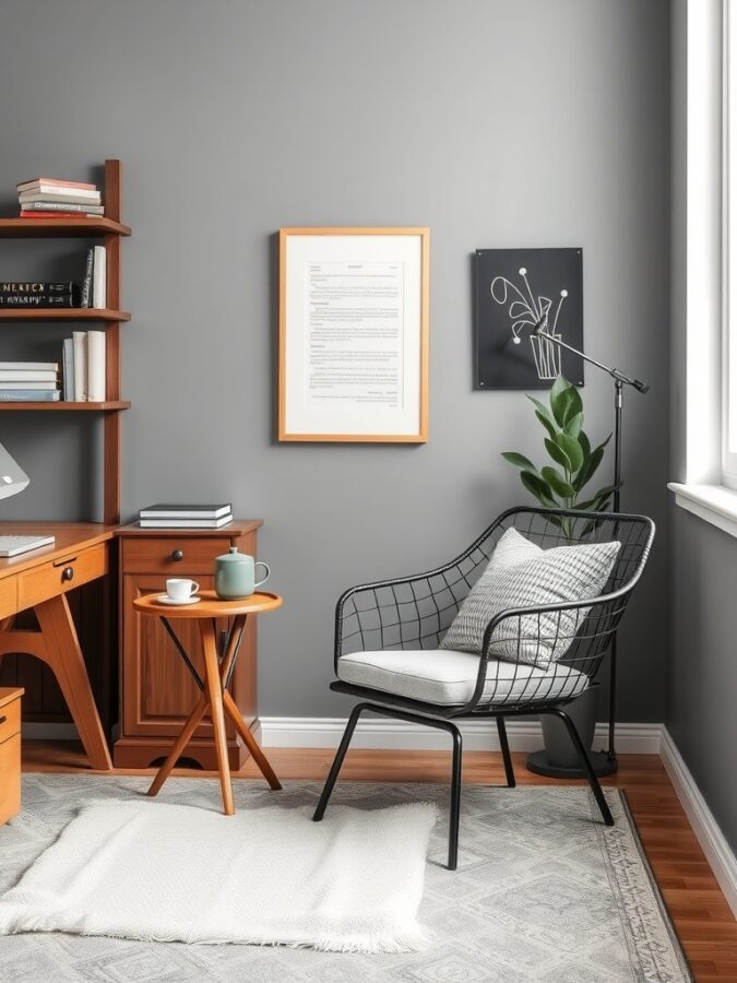 19 Inspiring Home Office Ideas with Industrial Flair 9 A modern industrial-style accent chair in a home office setting, featuring a wireframe design and a cozy cushion, next to a small wooden table with a cup and books.