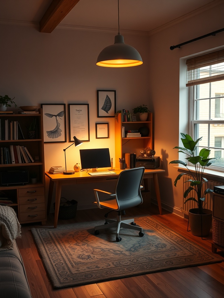 20 Creative and Affordable Home Office Ideas for Any Budget 4 A cozy home office with warm lighting, featuring a desk, chair, and plants.