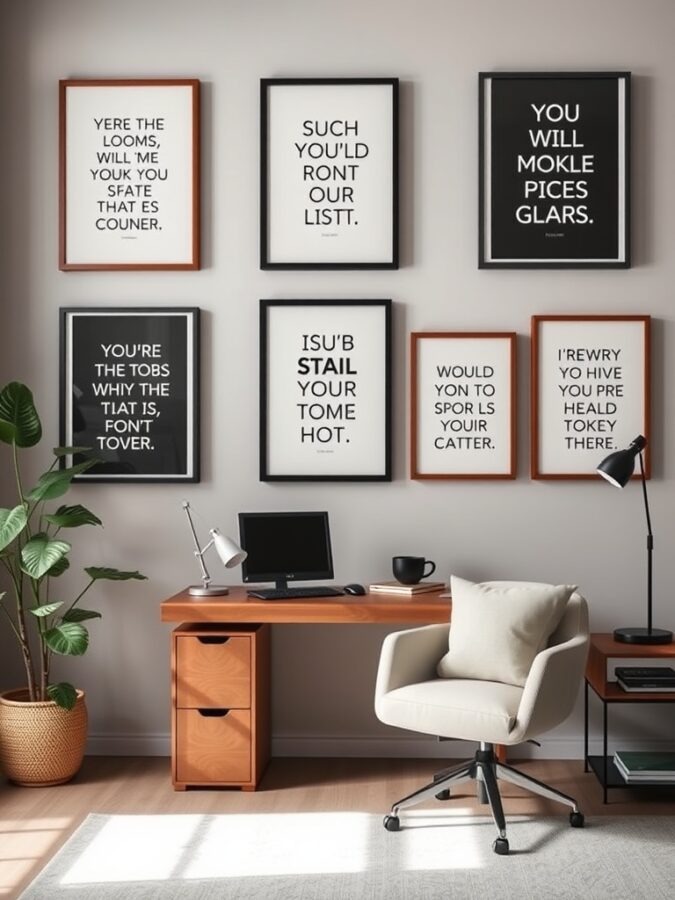 26 Cozy Home Office Ideas for Ultimate Comfort 20 A stylish home office featuring framed motivational quotes on the wall, a wooden desk, a comfortable chair, and a potted plant.