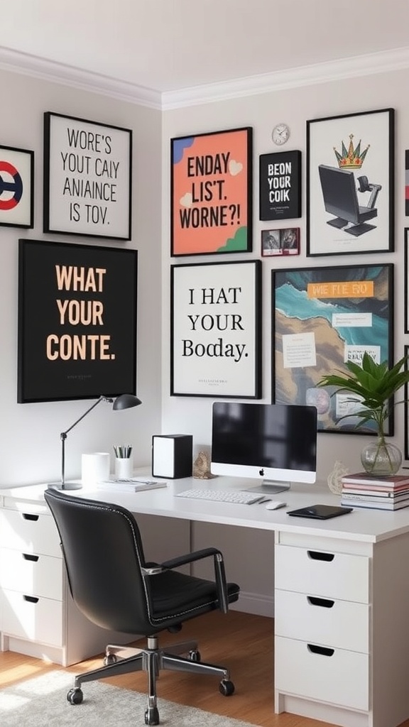 19 Inspiring Home Office Ideas You Need to Try 10 A home office featuring a gallery wall with various art prints and a modern desk setup.