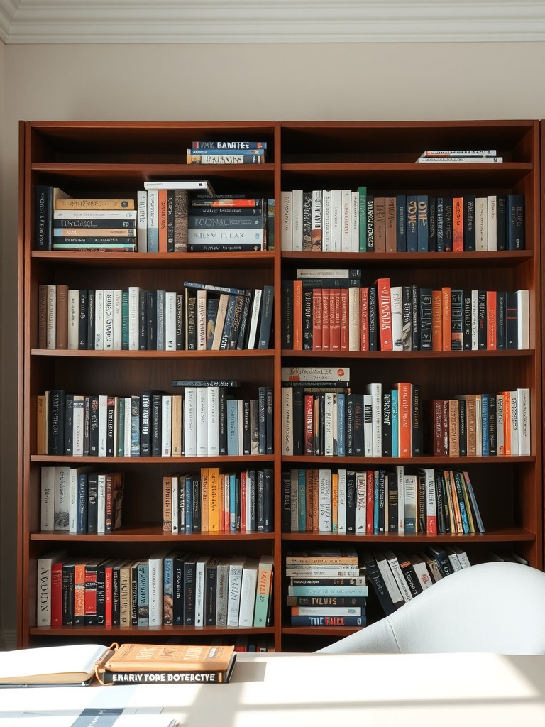 30 Inspiring Home Office Ideas for Remote Work Success 19 A wooden bookshelf filled with a variety of books, showcasing different colors and sizes, creating an inspiring home office atmosphere.