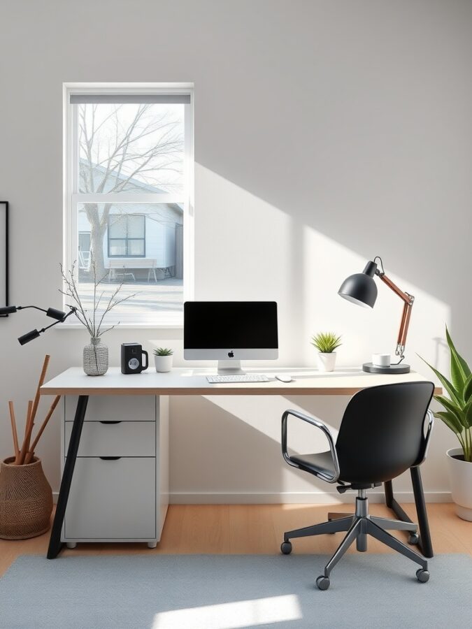 15 Inspiring Home Office Ideas for a Productive Workspace 3 A minimalist home office with a desk, computer, lamp, and plants, featuring natural light from a window.