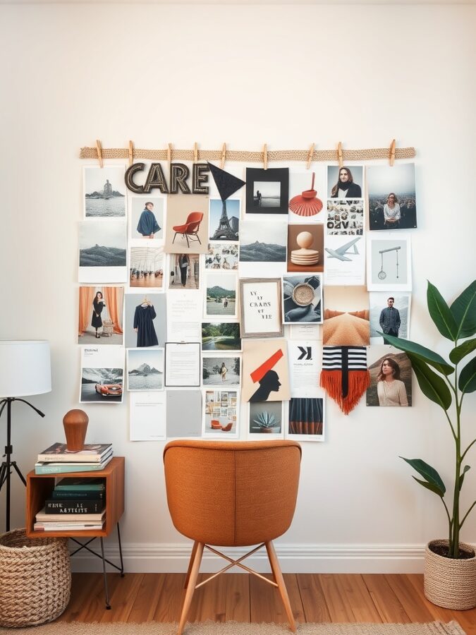 21 Inspiring Home Office Ideas for Creative Minds 18 A mood board with various images, text snippets, and the word 'CARE' prominently displayed, alongside a cozy chair and a plant.