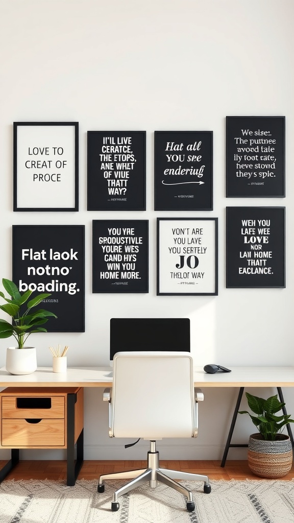 21 Creative Home Office Ideas to Boost Your Productivity 11 A modern home office with framed inspirational quotes on the wall, featuring a desk and chair.
