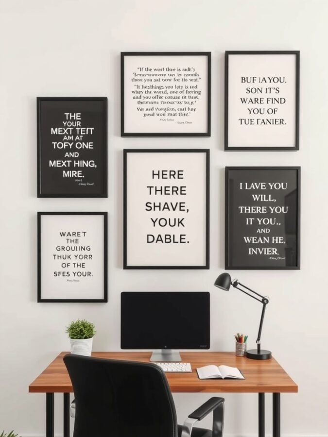 21 Inspiring Home Office Ideas for Creative Minds 17 A home office wall featuring framed quotes and affirmations, creating an inspiring workspace.