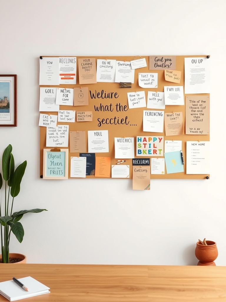 30 Inspiring Home Office Ideas for Remote Work Success 23 A corkboard filled with notes, quotes, and reminders, serving as a vision board in a home office.