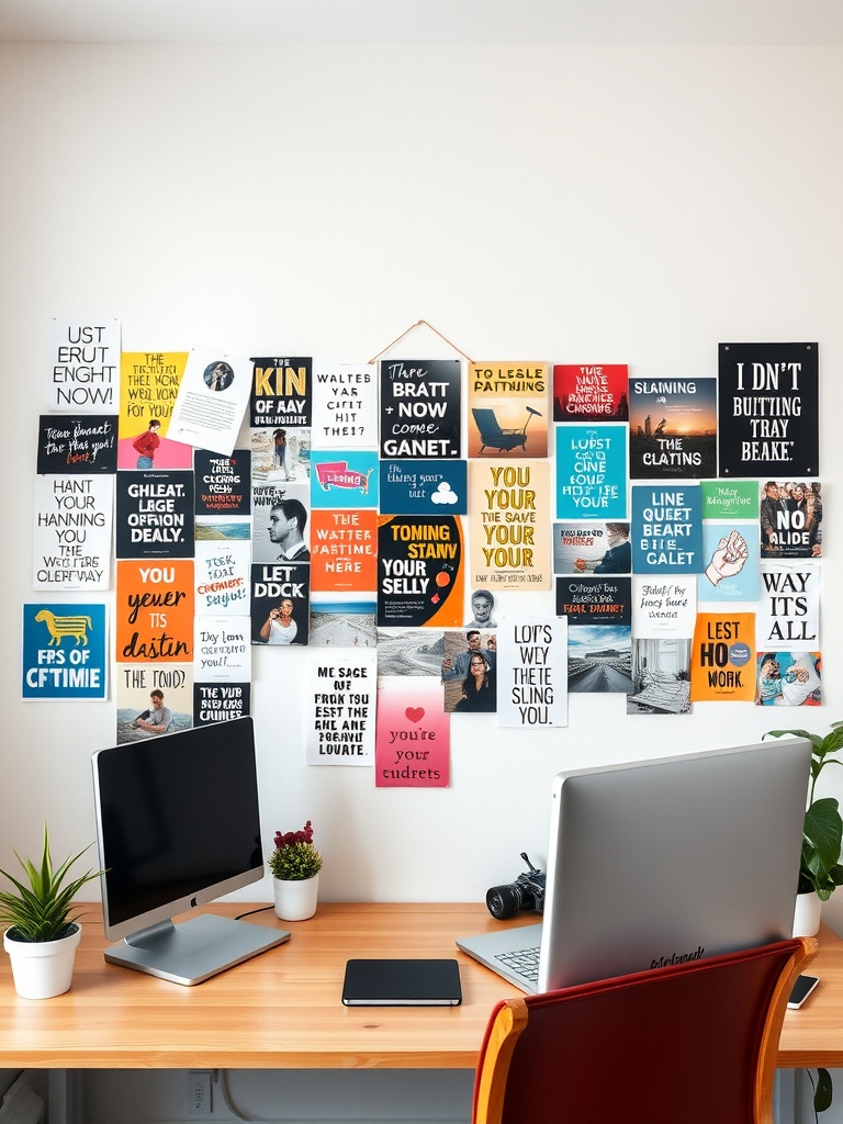 20 Creative and Affordable Home Office Ideas for Any Budget 15 A colorful vision board filled with motivational quotes and images in a home office setting.