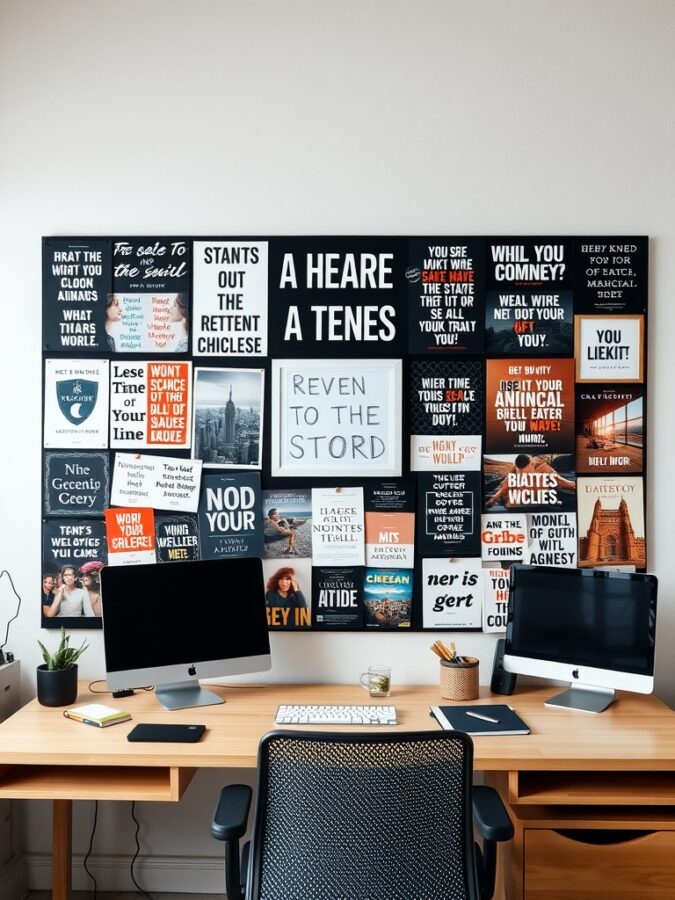 19 Stunning Home Office Ideas to Make a Bold Statement 11 A colorful vision board filled with motivational quotes and images, displayed in a home office setting.